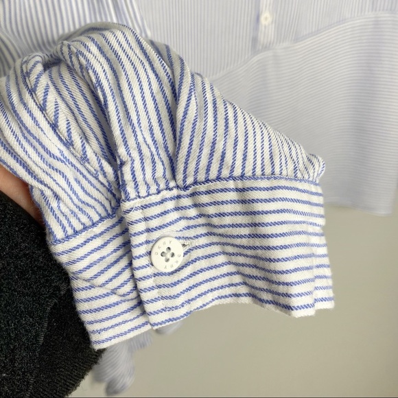 DKNY Pinstriped 100% Rayon Button Popover Roll Tab Sleeve Blouse - Picture 5 of 12
